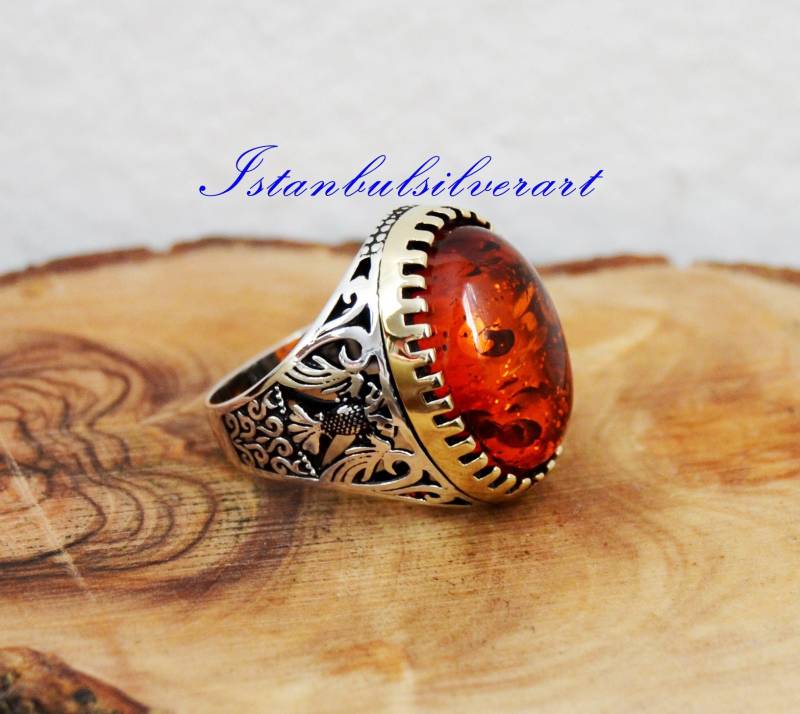 Handgemachte Sterling Silber Bernstein Ring Ottoman Style Herren Schmuck von ISTANBULSILVERART