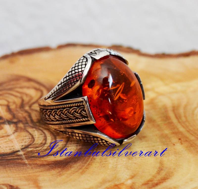 Handgemachter 925 Sterling Silber Bernstein Stein Ring - Ottoman Style von ISTANBULSILVERART