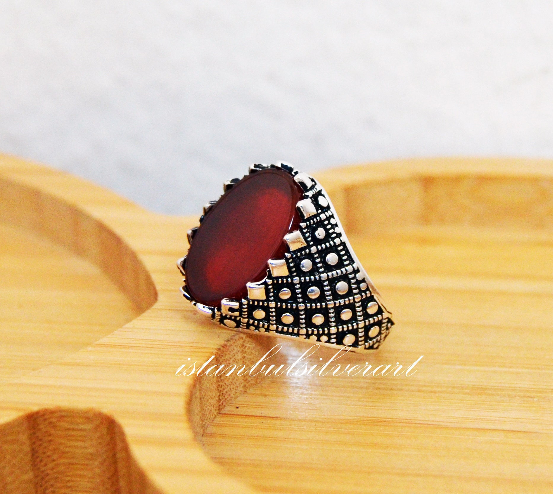 Handgemachter Herrenring Aus Sterlingsilber Roter Achat Ottoman Design von ISTANBULSILVERART