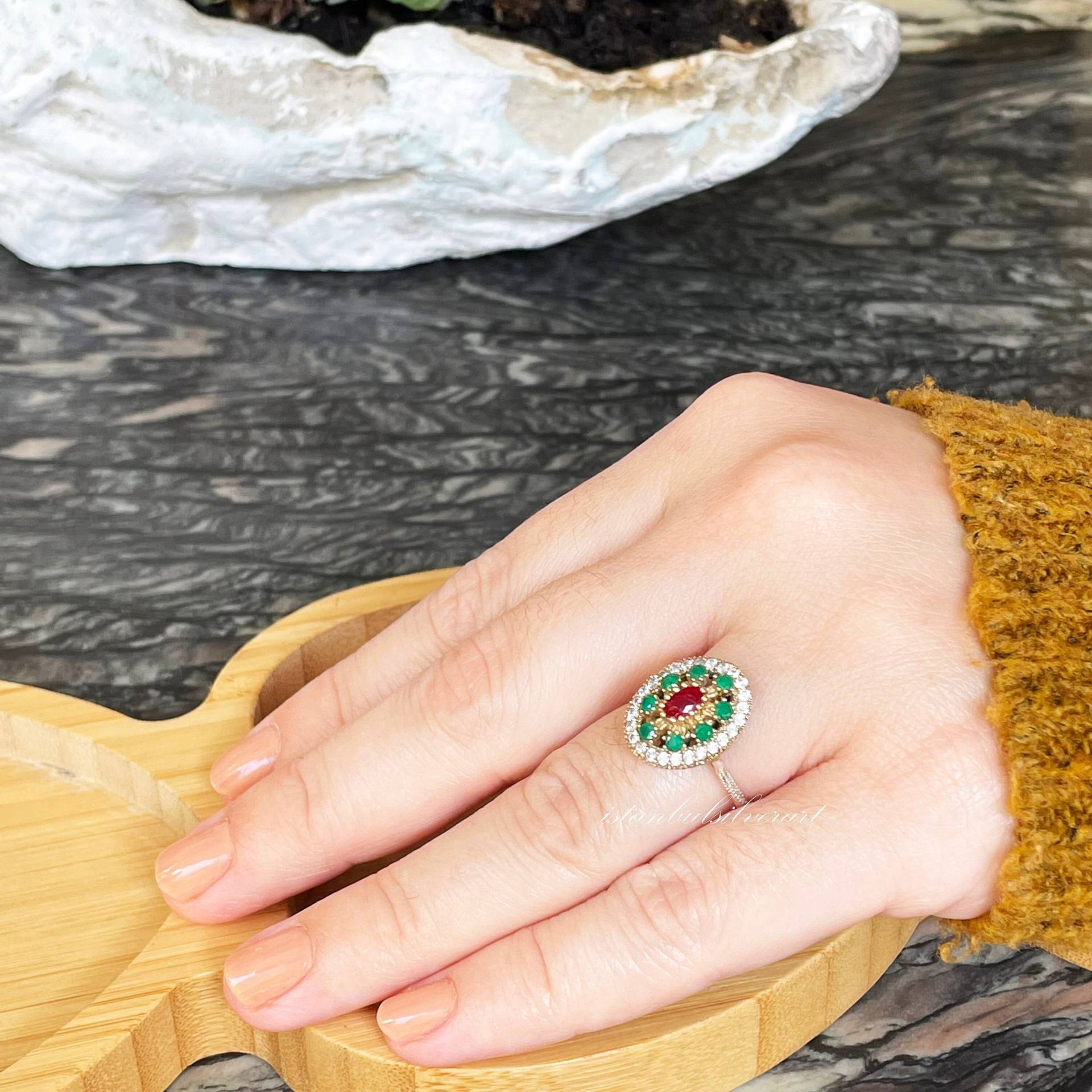 Handgemachter Ottoman Ring Smaragd, Topas, Rubin, 925 Sterling Silber von ISTANBULSILVERART