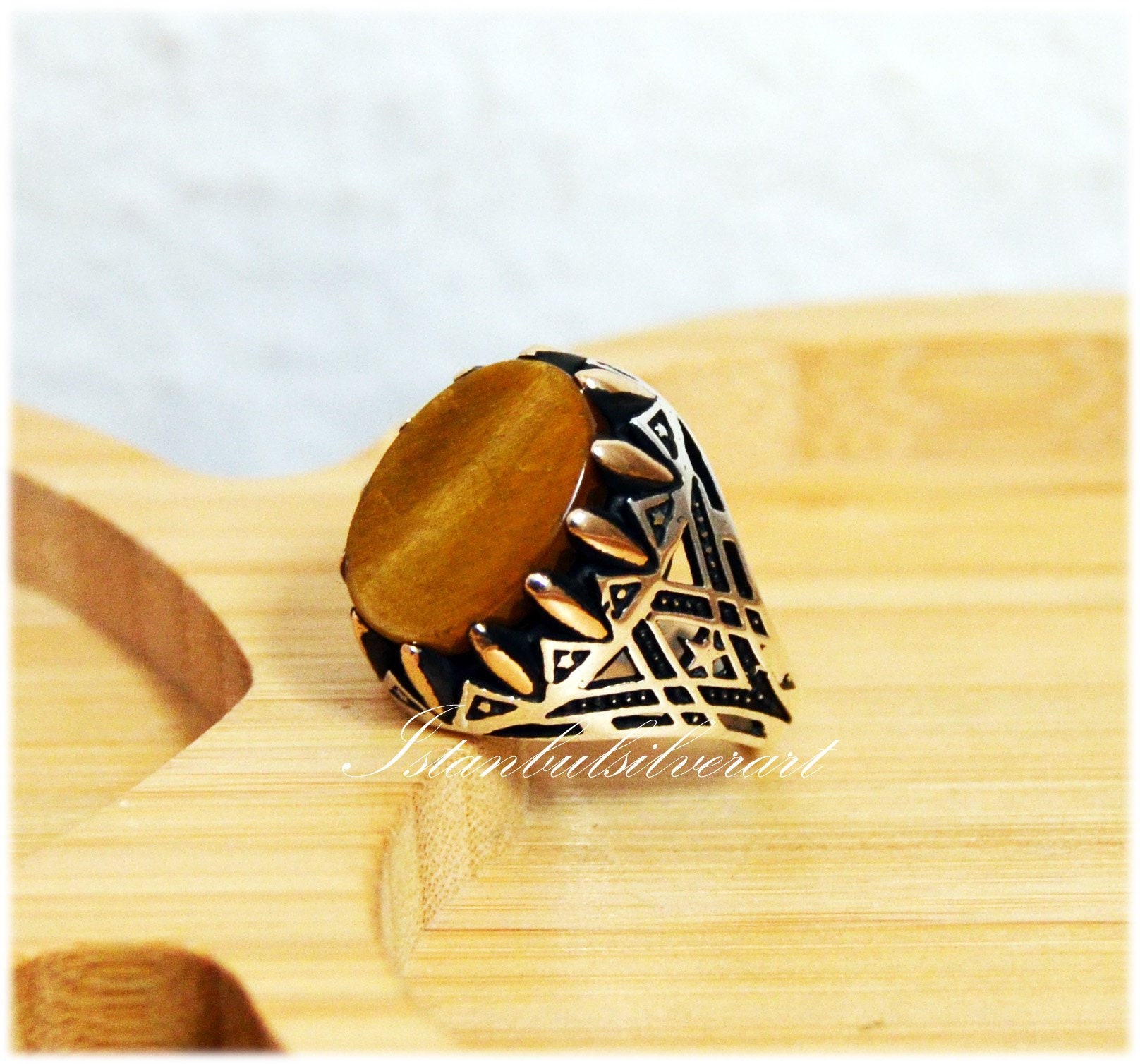 Handgemachter Ottoman Tigerauge Ring 925 Sterling Silber, Bronze von ISTANBULSILVERART