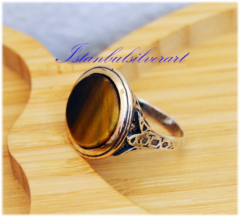 Handgemachter Ottomaner Tigerauge Ring 925 Sterling Silber & Bronze von ISTANBULSILVERART