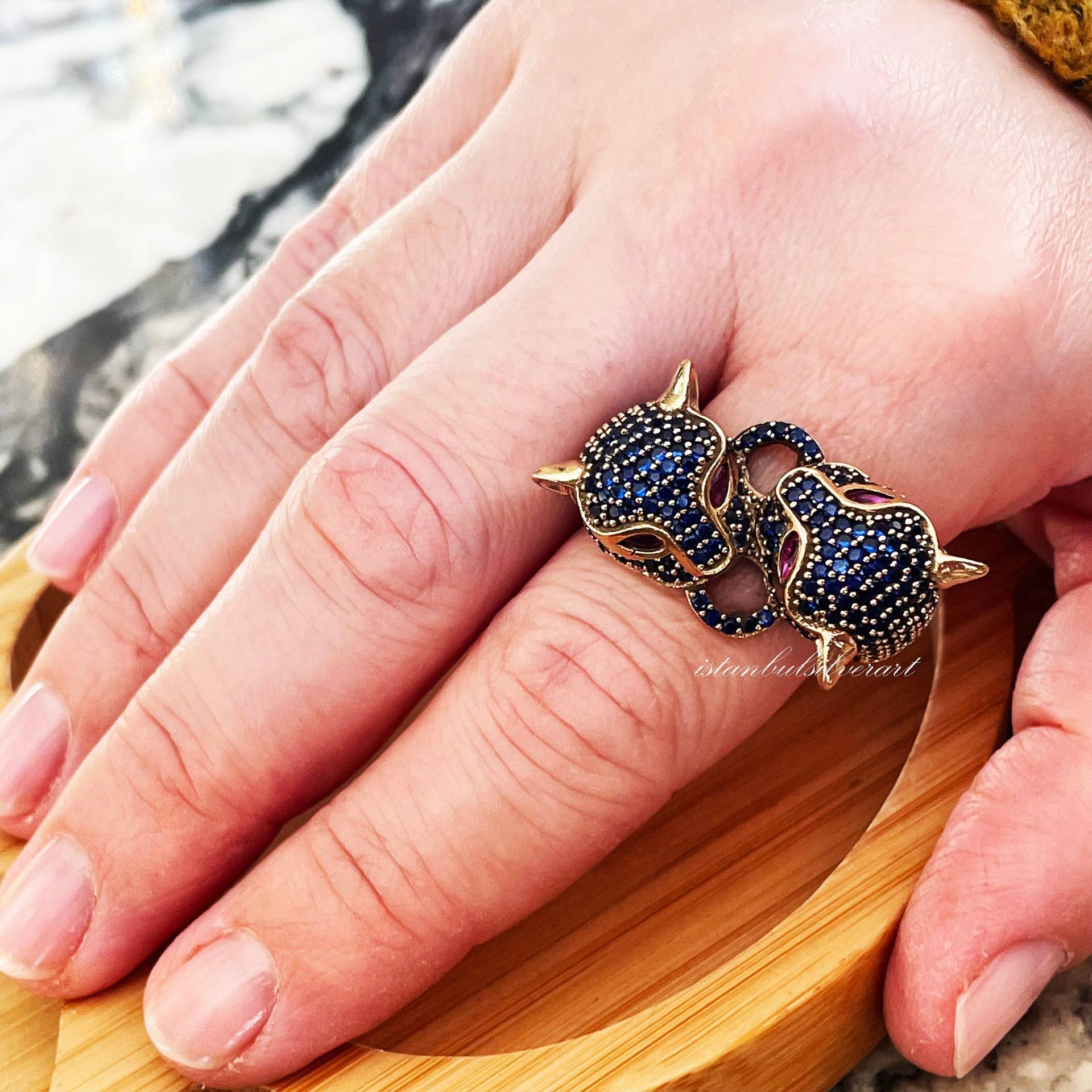 Handgemachter Ring Frauen, Türkisch Silber Damenring, Katzenring, Sapphire Topas Ring, Cz Stein, 925K Sterling von ISTANBULSILVERART