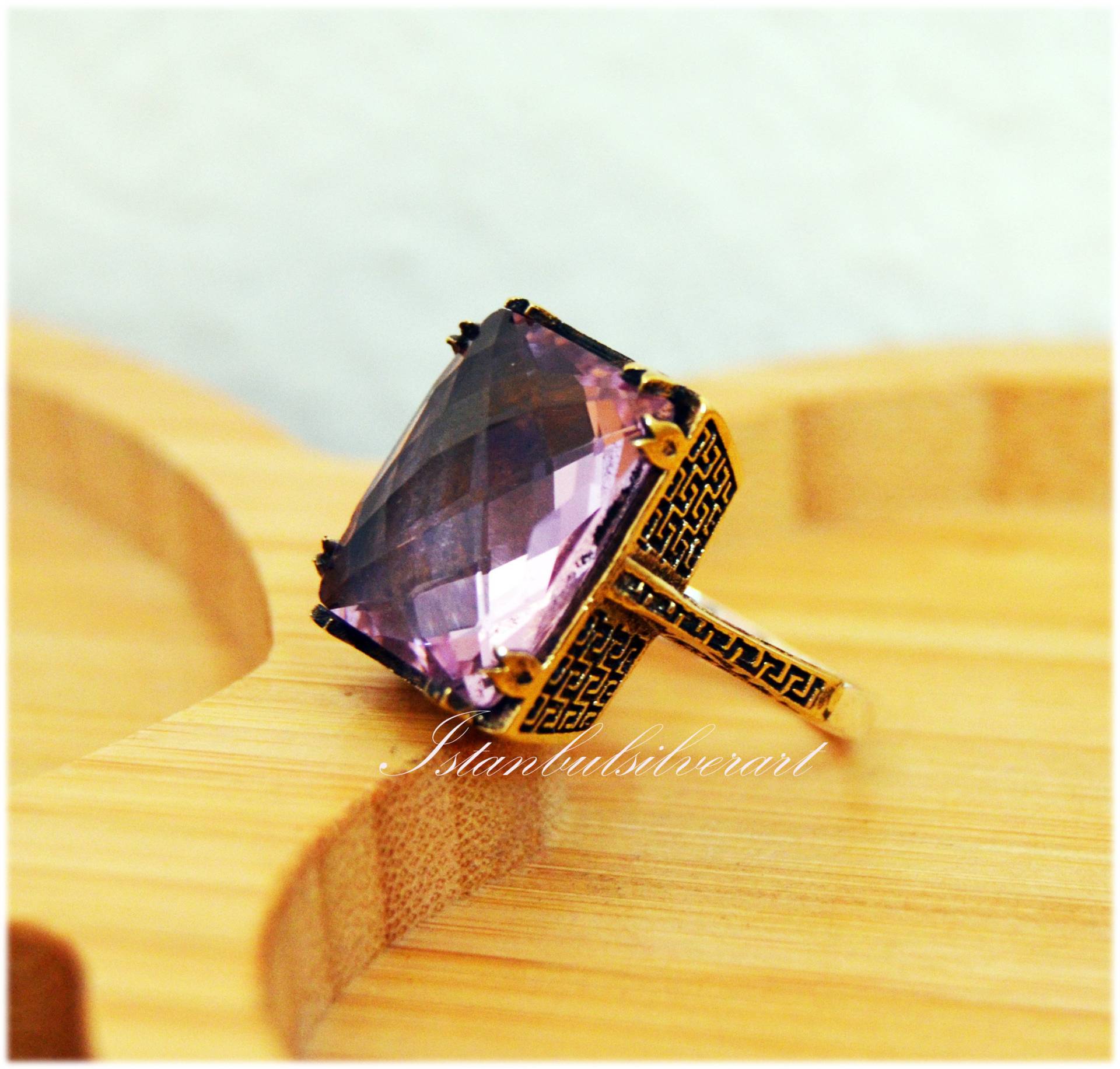 Handgemachter Rosenquarz-Ring Ottoman 925 Sterling Silber, Bronze von ISTANBULSILVERART