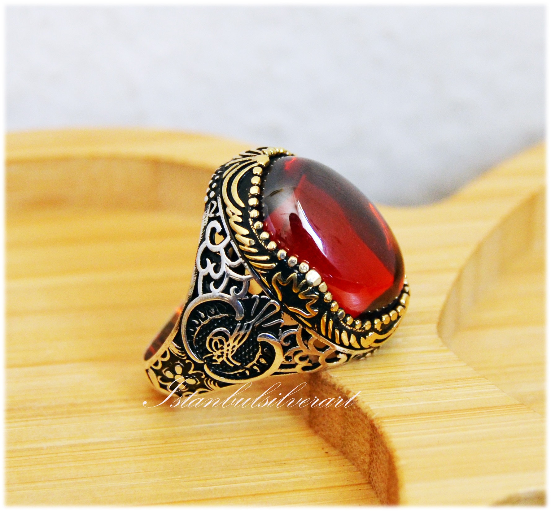 Handgemachter Rubin Herrenring Ottomaner 925 Sterling Silber Ring von ISTANBULSILVERART