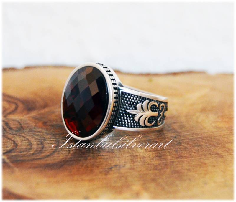 Handgemachter Rubin Sterlingsilber Herrenring Ottomaner Stil von ISTANBULSILVERART