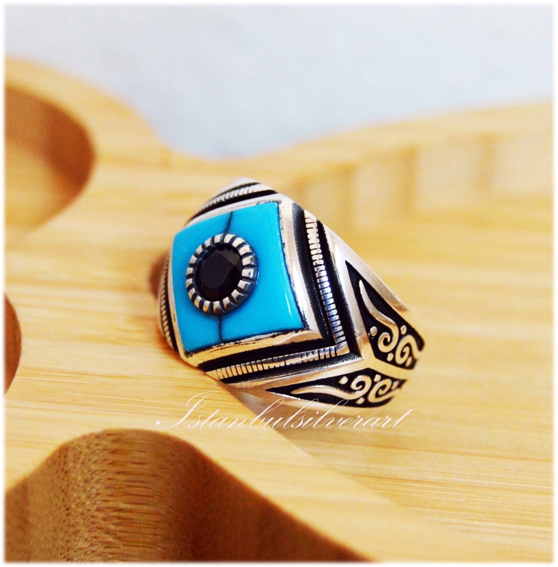 Handgemachter Türkis Herrenring Aus Sterlingsilber Ottomaner Stil von ISTANBULSILVERART