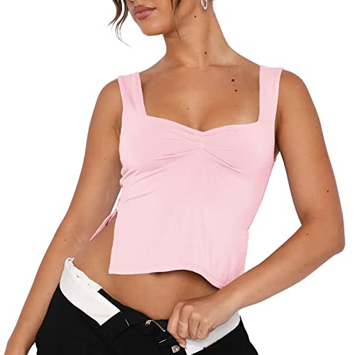 Damen Crop Tank Tops Sexy Ärmellos Sweeetheart Neck Strappy Skinny Slits Pleasted Bustier Y2K Outfit Crop Vest Cami Tops, Pink, Mittel von ISZPLUSH