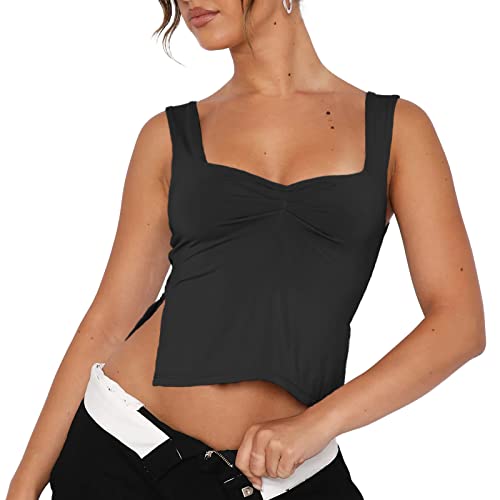 Damen Crop Tank Tops Sexy Ärmellos Sweeetheart Neck Strappy Skinny Slits Pleasted Bustier Y2K Outfit Crop Vest Cami Tops, Schwarz, Klein von ISZPLUSH