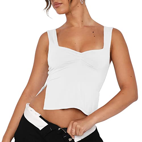 Damen Crop Tank Tops Sexy Ärmellos Sweeetheart Neck Strappy Skinny Slits Pleasted Bustier Y2K Outfit Crop Vest Cami Tops, Weiss/opulenter Garten, Mittel von ISZPLUSH