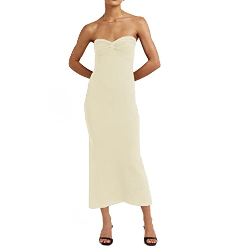 Damen Midikleid Sexy Herzausschnitt Rippstrick Twisted Rückenfrei Ärmellos Sommer Strand Party Date Midi Bodycon Kleid, beige, X-Klein von ISZPLUSH