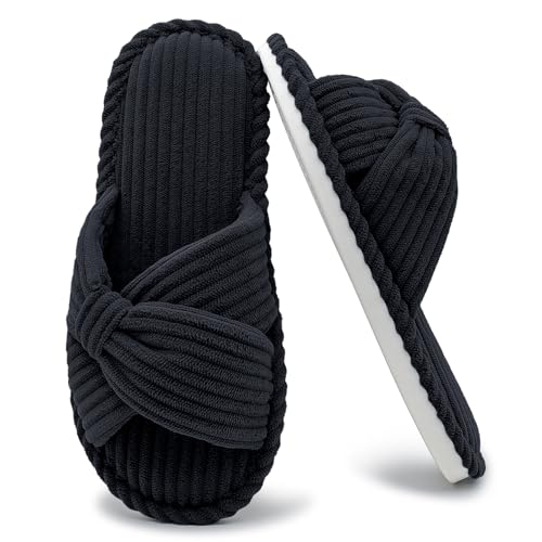 ISZPLUSH Damen Cozy Open-Toe Hausschuhe - Weiche Hausschuhe für Indoor Comfort rutschfeste Schlafzimmer Hausschuhe für Frauen Leichte Atmungsaktive Lounge Schuhe, Schwarz, 7-7.5 von ISZPLUSH