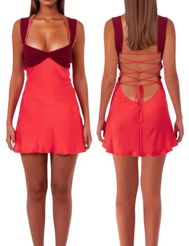 ISZPLUSH Damen Minikleid Patchwork Ärmellos Trägerlos Schnüren Hohe Taille A-Linie Elegant Party Clubwear Kurzes Kleid, Rot/Ausflug, einfarbig (Getaway Solids), Mittel von ISZPLUSH
