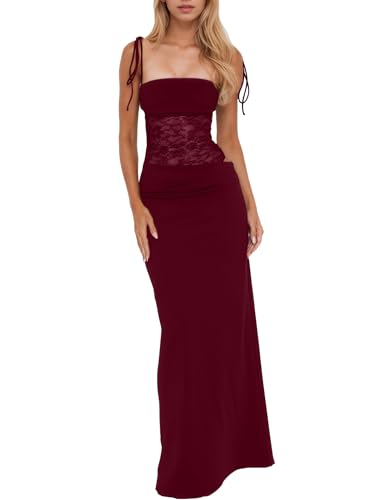 ISZPLUSH Damen See Thorugh Mesh Spcling Maxikleid Elegant Ärmellos Hohe Taille Falten Slim Fit Urlaub Party Lange Kleider, Weinrot, Klein von ISZPLUSH