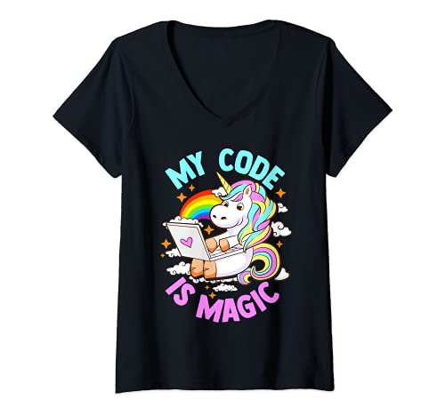 Damen Magisches Einhorn-Computerprogrammierer, My Code Is Magic. T-Shirt mit V-Ausschnitt Damen Magisches Einhorn-Computerprogrammierer, My Code Is Magic. T-Shirt mit V-Ausschnitt von IT Coders Specialist Techie Guru Programmer Hacker