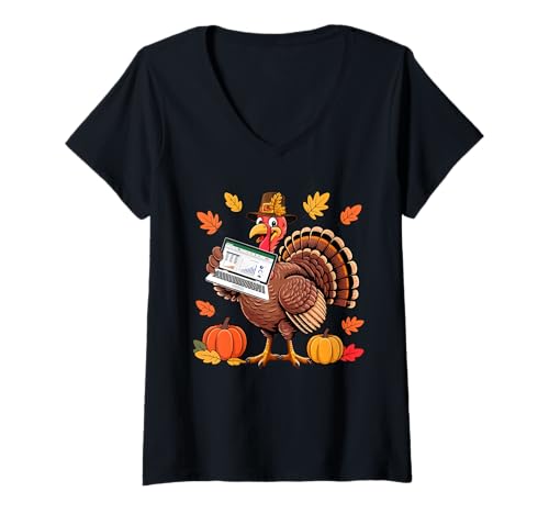 Damen IT Manager Job Thanksgiving Türkei Herbstlaub Kürbisse T-Shirt mit V-Ausschnitt von IT Manager Thanksgiving Costume