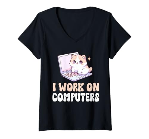 Damen Ich arbeite an Computern Cat IT Technician Tech Engineer Computer T-Shirt mit V-Ausschnitt Damen Ich arbeite an Computern Cat IT Technician Tech Engineer Computer T-Shirt mit V-Ausschnitt von IT Tech Enthusiast Cat Lover Software Technician