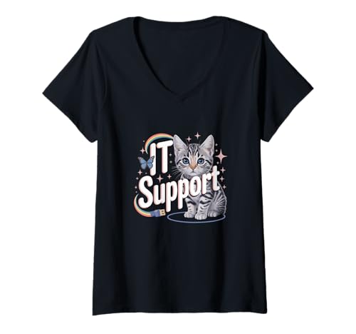 Damen Funny Tech Support Cute Cat Ironic IT T-Shirt mit V-Ausschnitt von IT Tech Support Cat Computer Nerd