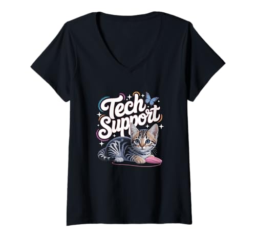 Damen Funny Tech Support Cute Cat Ironic IT T-Shirt mit V-Ausschnitt von IT Tech Support Cat Computer Nerd