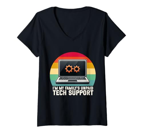 Damen Ich bin die unbezahlte technische Support-IT-Tech-Software Retro meiner Familie T-Shirt mit V-Ausschnitt Damen Ich bin die unbezahlte technische Support-IT-Tech-Software Retro meiner Familie T-Shirt mit V-Ausschnitt von IT Technical Support Humor Gifts Geek Nerds