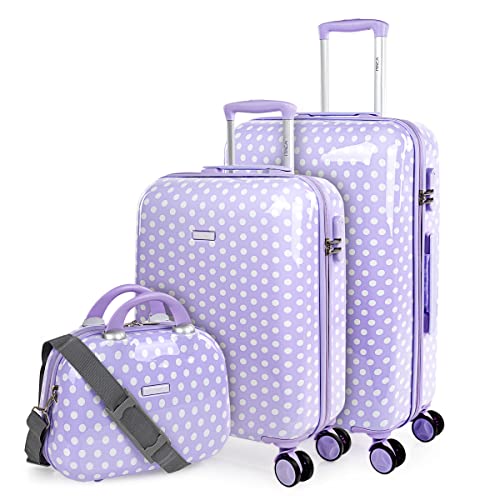 ITACA - Kinderkoffer Set - Kabinenkoffer leichtgewicht abs/polycarbonat mit 360° Rollen, verstellbarer Teleskopgriff - Mädchen & Jungen Reisekoffer mit farbenfrohem Design. Mit Kulturtas, Mauve Punkte von ITACA
