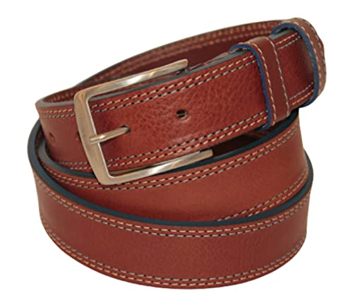 ITALOITALY - Ledergürtel, hellblauer Rand, ca. 3,5 cm, doppelte Naht, echtes Leder, handgefertigt, Made in Italy, Unisex, kürzbar, Rostbraun, Taille 105 cm von ITALOITALY