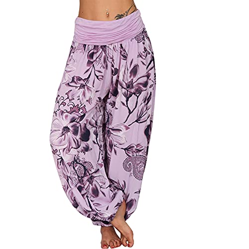 Italy Moda Aladinhose Damen Haremshose leichte Sommerhose Blume Rose XS-L (XS-L, Flieder Blume) von Italy Moda