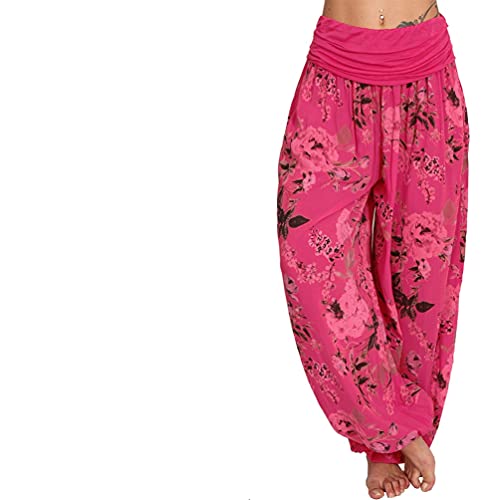 Italy Moda Aladinhose Damen Haremshose leichte Sommerhose Blume Rose XS-L (XS-L, Pink) von Italy Moda