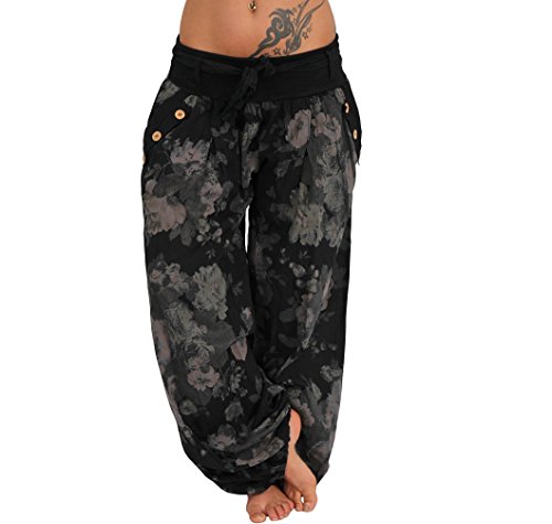 Italy Moda Haremshose Aladinhose Pumphosen Sommerhose Hose Blume Gürtel (XS-L, Schwarz) von Italy Moda