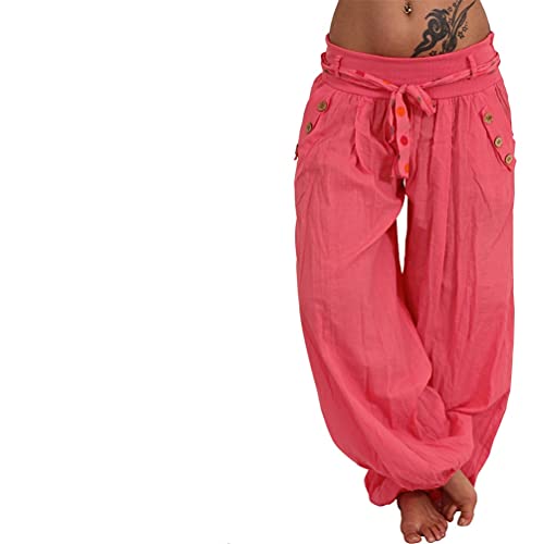 Italy Moda Haremshose Aladinhose Pumphosen Sommerhose Hose Uni/Blume Gürtel XS-L (XS-L, Coral Uni) von Italy Moda