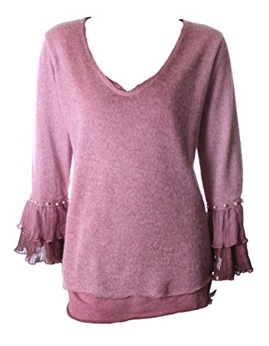 Moda Italy Oversized Strick Pullover Lagenlook mit Plisee Arm und Perlen (One Size, Beere) von ITALY MODA