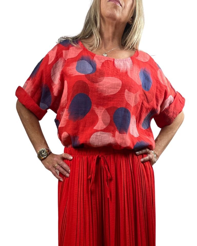 ITALY VIBES Kurzarmbluse - Bluse Damen - Punkte-Print - lockere Bluse - sommerliche Bluse Größe: ONE SIZE (empfohlen für Gr. 36–42 / S–XL) von ITALY VIBES