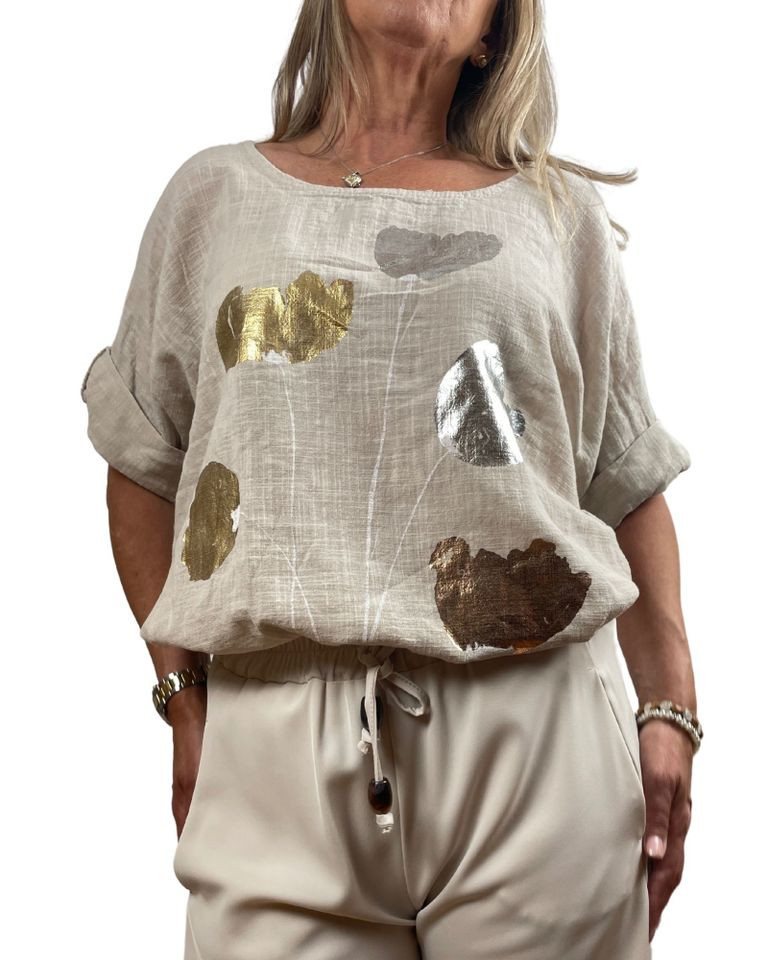 ITALY VIBES Kurzarmbluse - Sommerbluse - luftige Bluse mit glänzendem Print - Bluse Damen - ONE SIZE passt Größe S - XL ITALY VIBES Kurzarmbluse - Sommerbluse - luftige Bluse mit glänzendem Print - Bluse Damen - ONE SIZE passt Größe S - XL von ITALY VIBES