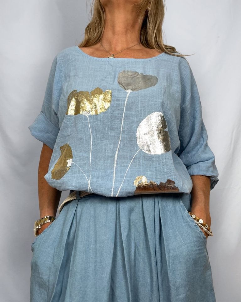 ITALY VIBES Kurzarmbluse - Sommerbluse - luftige Bluse mit glänzendem Print - Bluse Damen - ONE SIZE passt Größe S - XL von ITALY VIBES