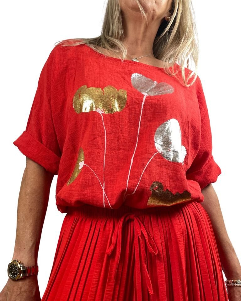 ITALY VIBES Kurzarmbluse - Sommerbluse - luftige Bluse mit glänzendem Print - Bluse Damen - ONE SIZE passt Größe S - XL von ITALY VIBES