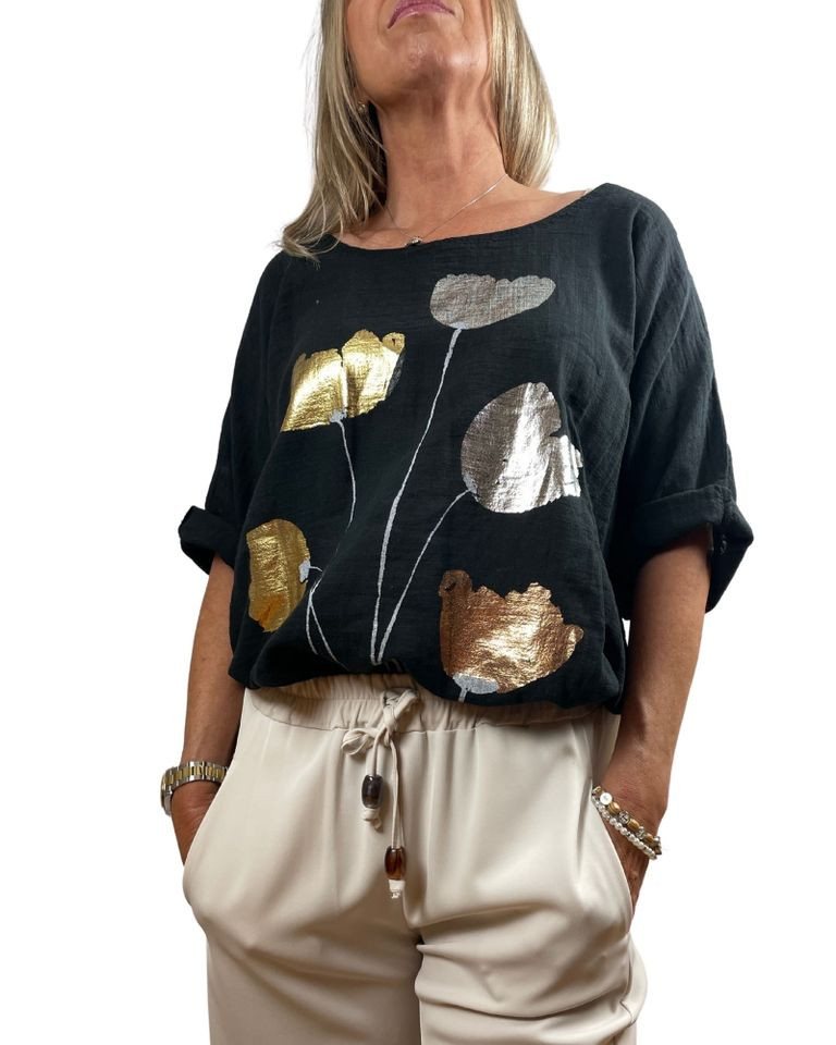ITALY VIBES Kurzarmbluse - Sommerbluse - luftige Bluse mit glänzendem Print - Bluse Damen - ONE SIZE passt Größe S - XL ITALY VIBES Kurzarmbluse - Sommerbluse - luftige Bluse mit glänzendem Print - Bluse Damen - ONE SIZE passt Größe S - XL von ITALY VIBES