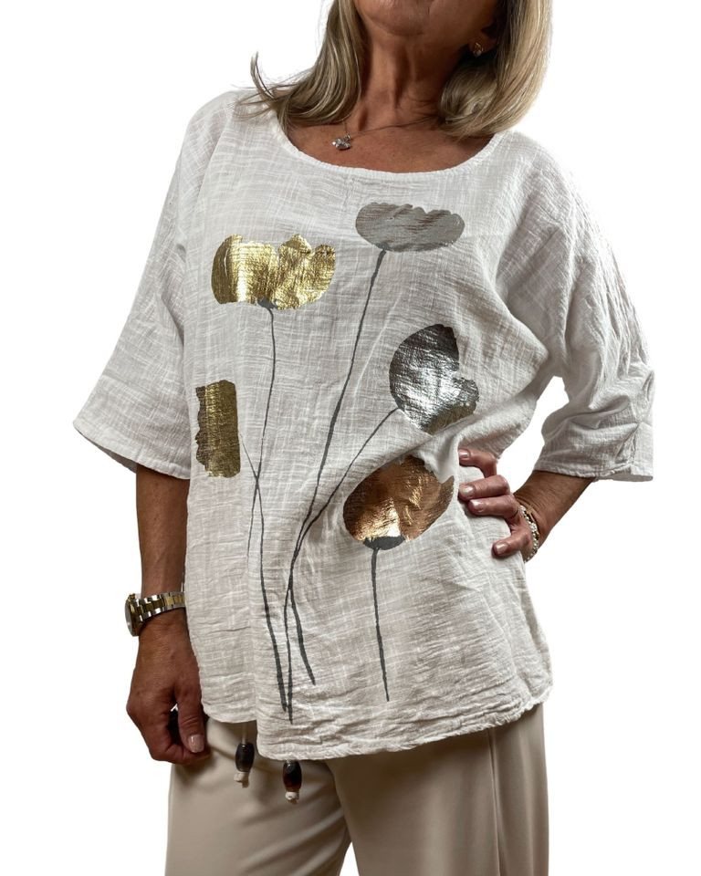 ITALY VIBES Kurzarmbluse - Sommerbluse - luftige Bluse mit glänzendem Print - Bluse Damen - ONE SIZE passt Größe S - XL ITALY VIBES Kurzarmbluse - Sommerbluse - luftige Bluse mit glänzendem Print - Bluse Damen - ONE SIZE passt Größe S - XL von ITALY VIBES