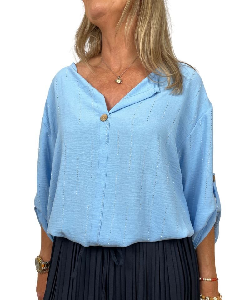 ITALY VIBES Kurzarmbluse - luftige Bluse Damen - Bluse mit Strassdetail - elegante Bluse ONE SIZE (empfohlen für Gr. 36–42 / S–XL) von ITALY VIBES