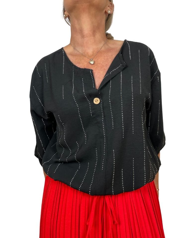 ITALY VIBES Kurzarmbluse - luftige Bluse Damen - Bluse mit Strassdetail - elegante Bluse ONE SIZE (empfohlen für Gr. 36–42 / S–XL) von ITALY VIBES