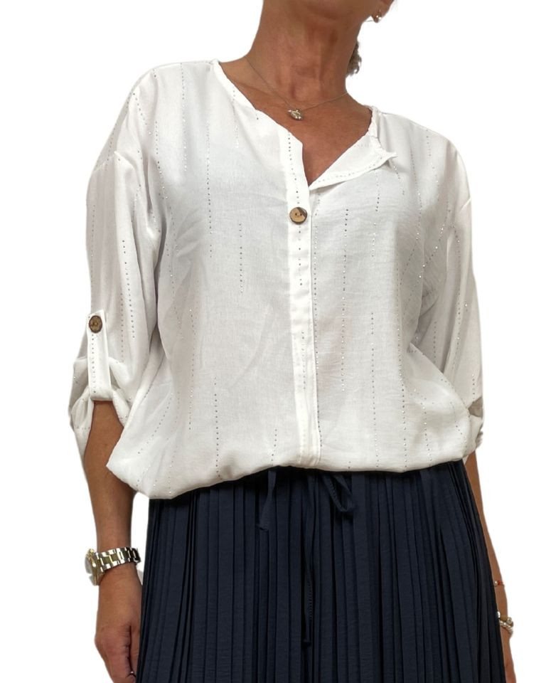 ITALY VIBES Kurzarmbluse - luftige Bluse Damen - Bluse mit Strassdetail - elegante Bluse ONE SIZE (empfohlen für Gr. 36–42 / S–XL) von ITALY VIBES