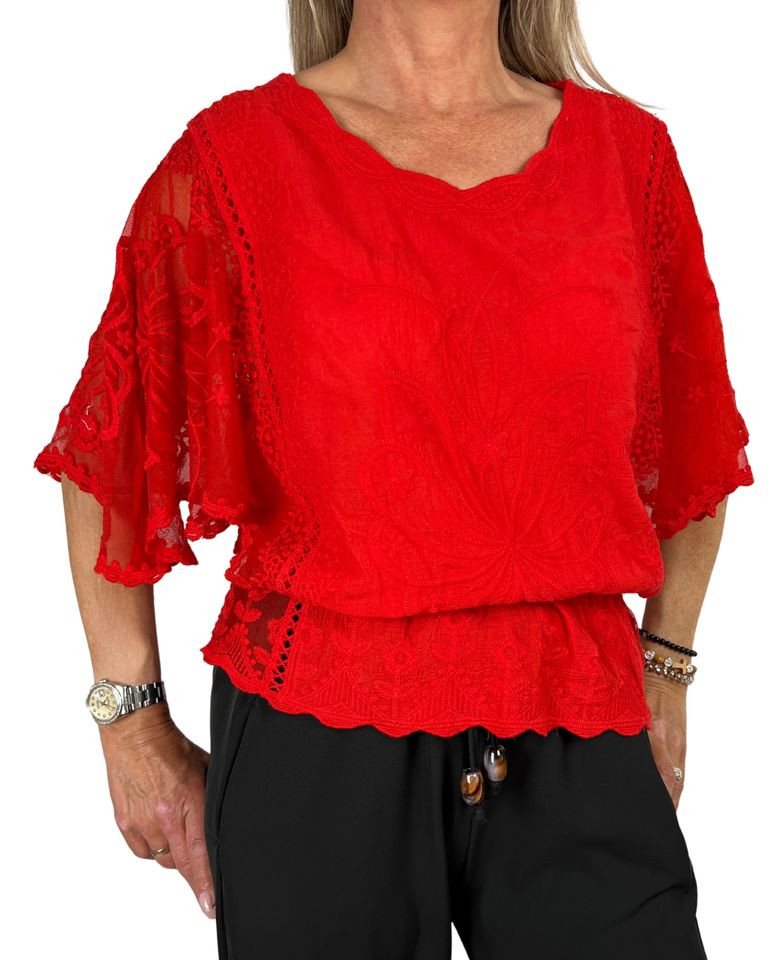 ITALY VIBES Spitzenbluse - Kurzarmbluse “Laura” – Eleganz trifft auf Vielseitigkeit - ONE SIZE passt hier Gr. XS - L von ITALY VIBES
