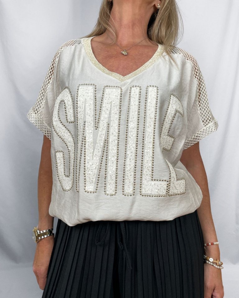 ITALY VIBES T-Shirt SMILE - Shirt Kurzarm - Meshshirt - Strassdetail - T-Shirt Damen Größe: ONE SIZE (empfohlen für Gr. 36?42 / S?XL) von ITALY VIBES