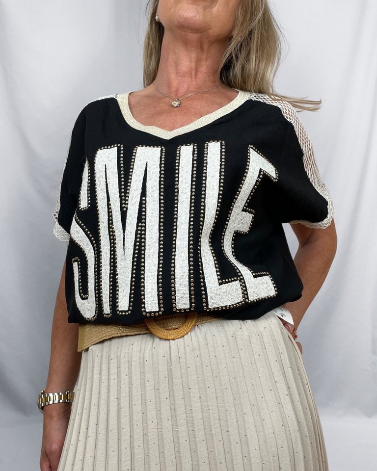 ITALY VIBES T-Shirt - Shirt Kurzarm - Meshshirt - Strassdetail - T-Shirt Damen Größe: ONE SIZE (empfohlen für Gr. 36–42 / S–XL) von ITALY VIBES