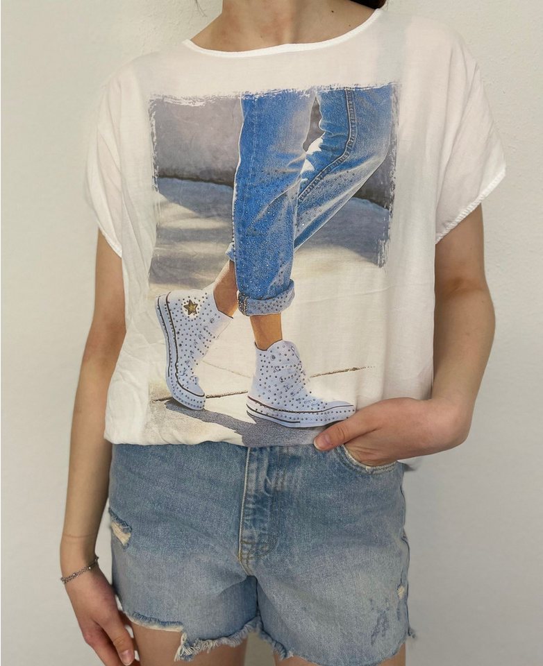 ITALY VIBES T-Shirt BIANCA - Statement kurzarm Shirt mit Print und Strasssteinen - ONE SIZE passt hier Gr. XS - L von ITALY VIBES