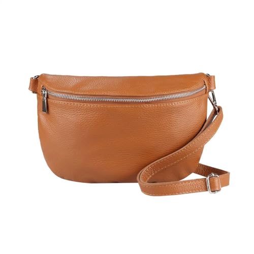 ITALYSHOP24-COM OBC Made in Italy Damen Leder Tasche Gürteltasche Crossbody Hüfttasche Bauchtasche Umhängetasche Cross-Over Bodybag Schultertasche Handytasche Cognac von ITALYSHOP24-COM