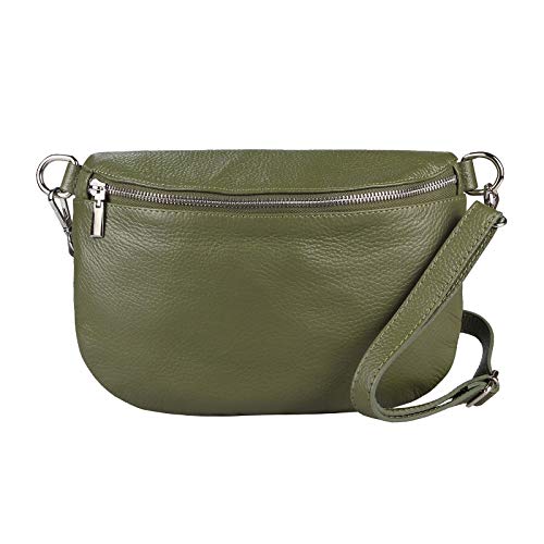 ITALYSHOP24-COM OBC Made in Italy Damen Leder Tasche Gürteltasche Crossbody Hüfttasche Bauchtasche Umhängetasche Cross-Over Bodybag Schultertasche Handytasche Olivgrün von ITALYSHOP24