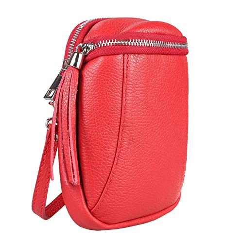 Made in Italy Damen Leder Tasche Umhängetasche Schultertasche Handytasche Geldtasche Ledertasche Crossbody Abendtasche Mini Bag (Knallrot) von ITALYSHOP24-COM