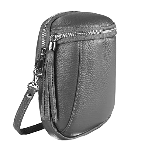 Made in Italy Damen Leder Tasche Umhängetasche Schultertasche Handytasche Geldtasche Ledertasche Crossbody Abendtasche Mini Bag Grau von ITALYSHOP24