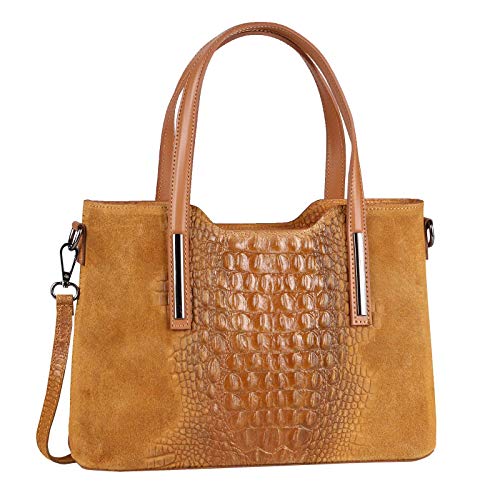 OBC Made IN Italy Damen Echt Leder Tasche Kroko-Prägung Business Shopper Schultertasche Handtasche Ledertasche Umhängetasche Wildleder Cognac von ITALYSHOP24-COM