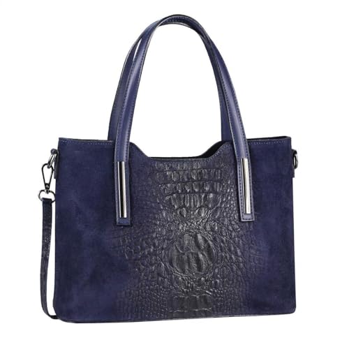OBC Made IN Italy Damen Echt Leder Tasche Kroko-Prägung Business Shopper Schultertasche Handtasche Ledertasche Umhängetasche Wildleder Dunkelblau von ITALYSHOP24